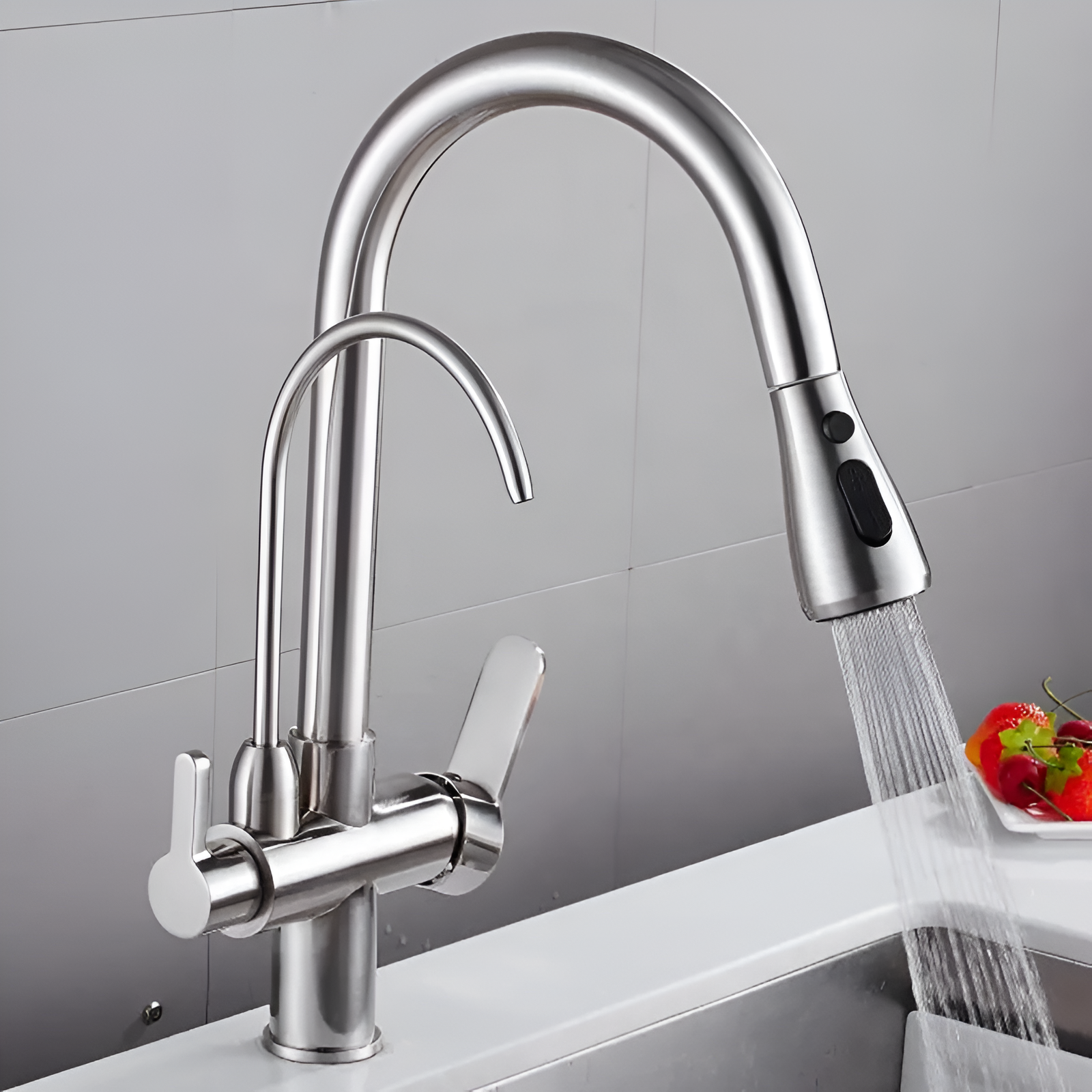 Brushed nickel kitchen faucet with filtered water tap