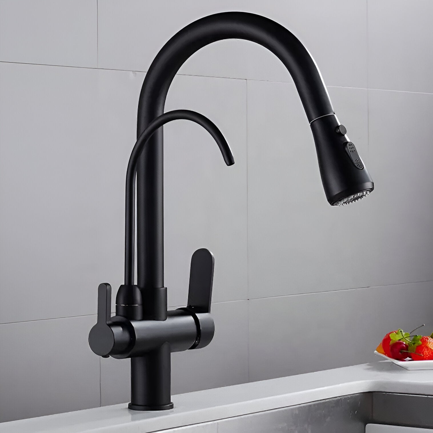 Black modern faucet with filtered water dispenser