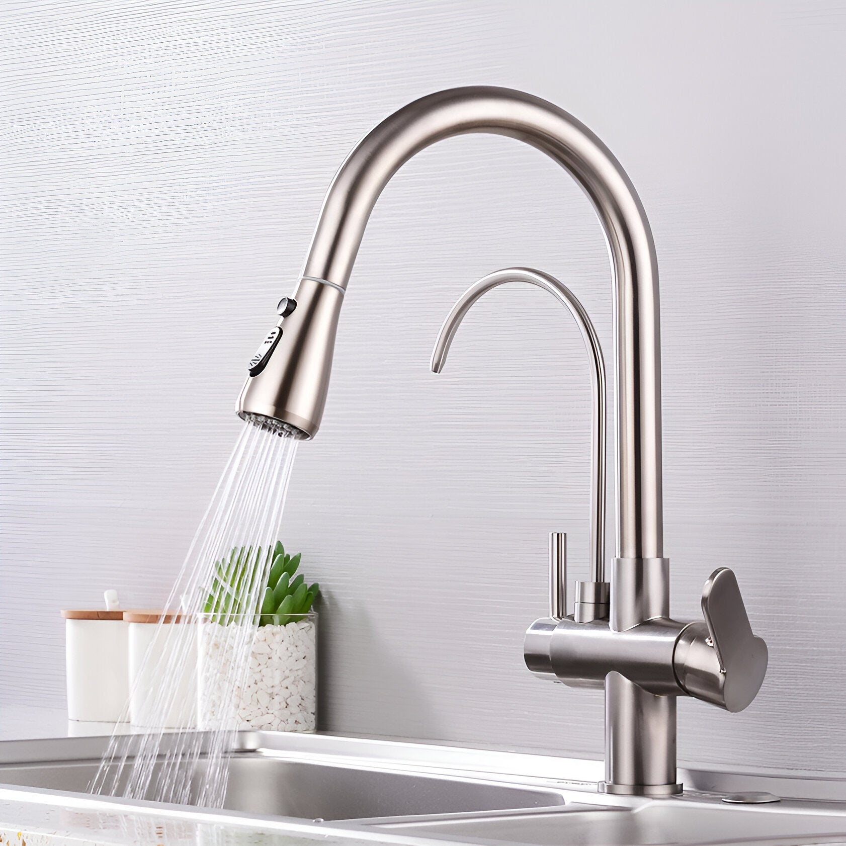 Brushed nickel faucet with shower mode and separate filter tap