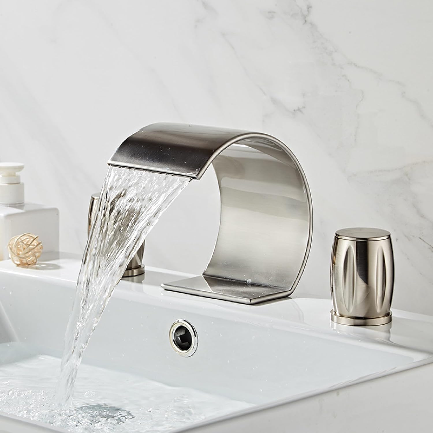 Brushed nickel luxury bathroom waterfall faucet with two levers