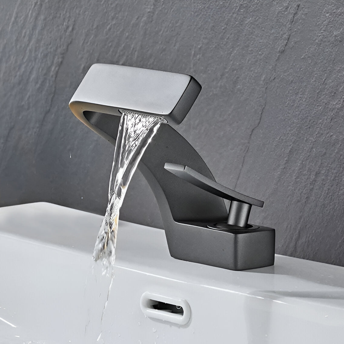 Gray modern bathroom faucet with minimalistic style