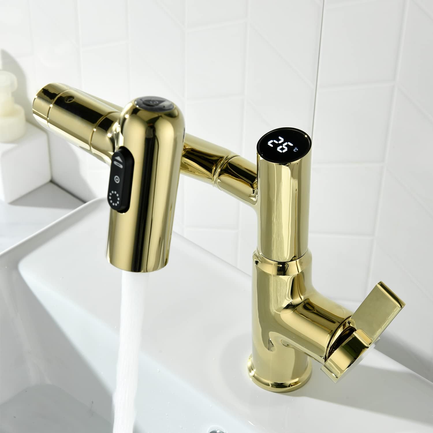 Golden modern faucet with a temperature screen