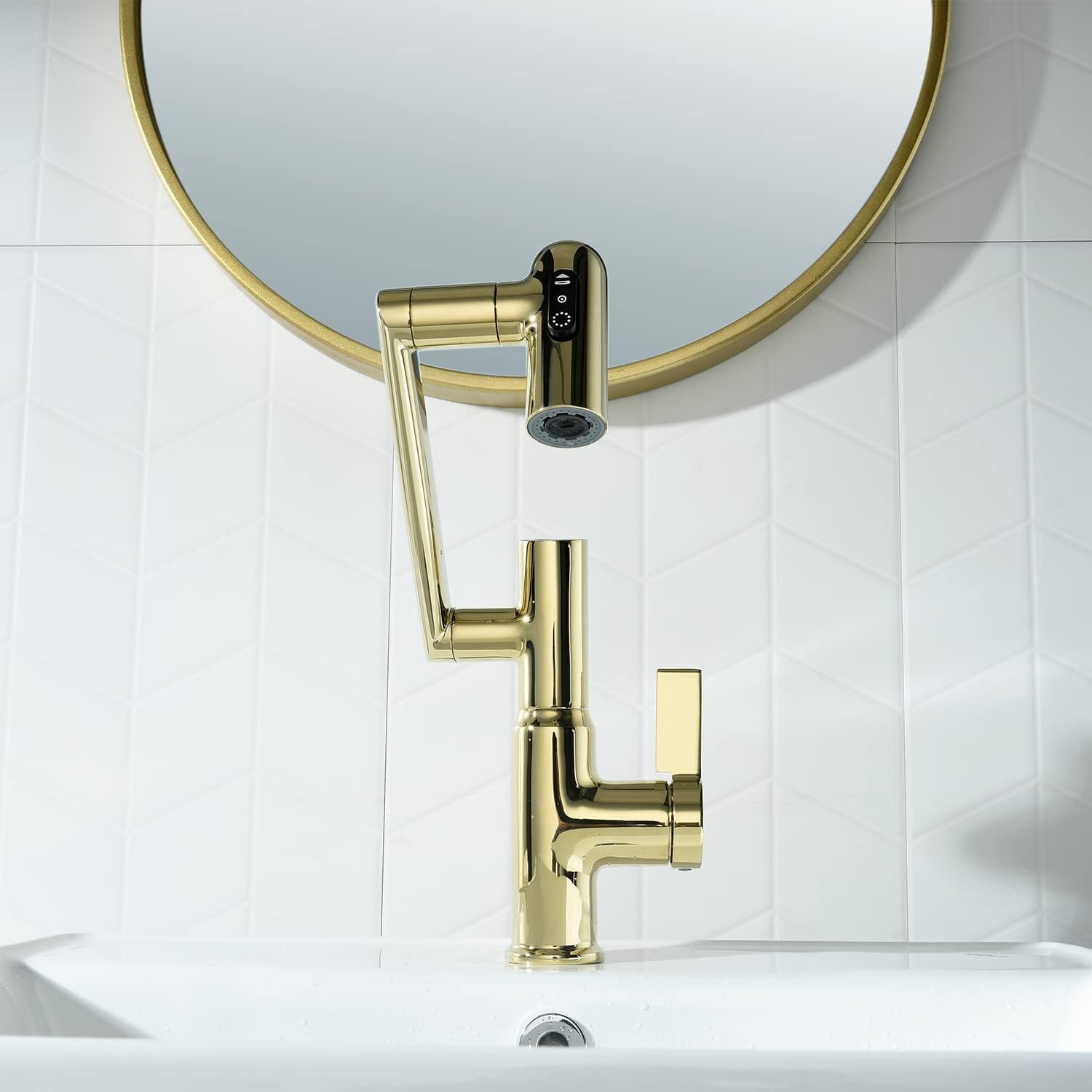 Golden modern faucet with a temperature screen and multiple modes