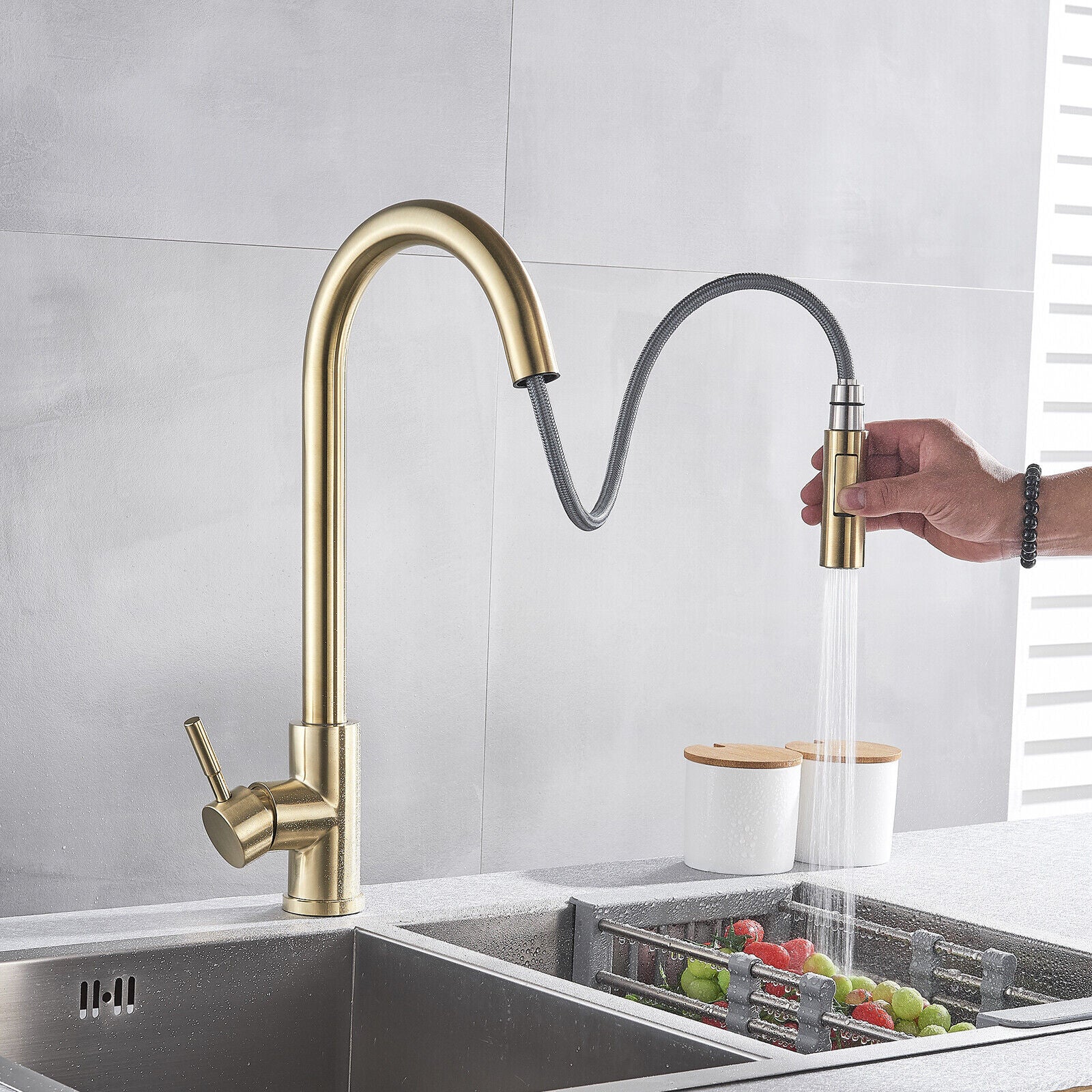 Golden kitchen faucet with pull-out mode