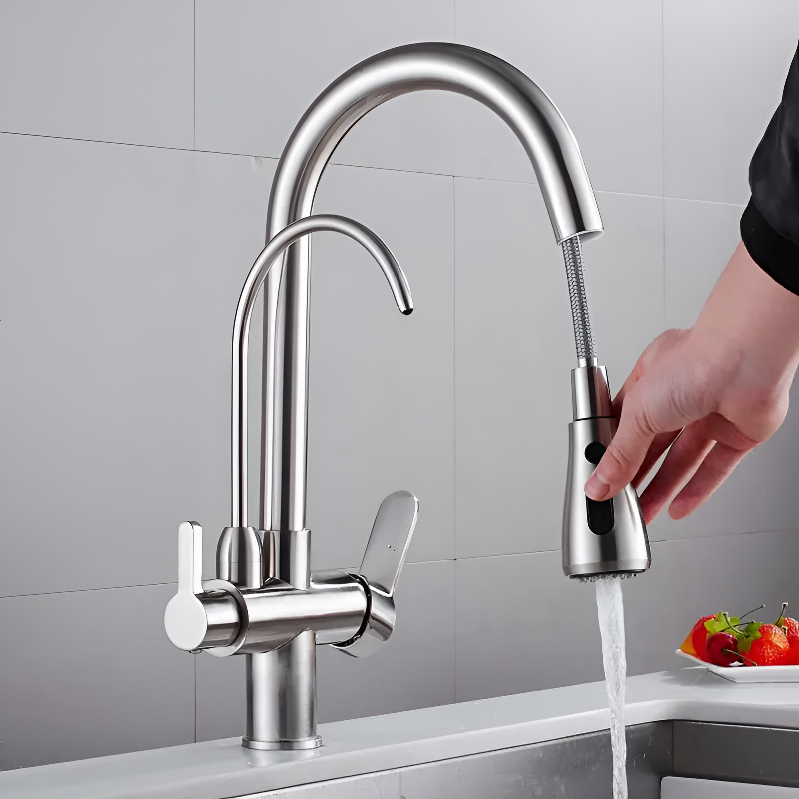 Pull-out faucet with filtered water dispenser