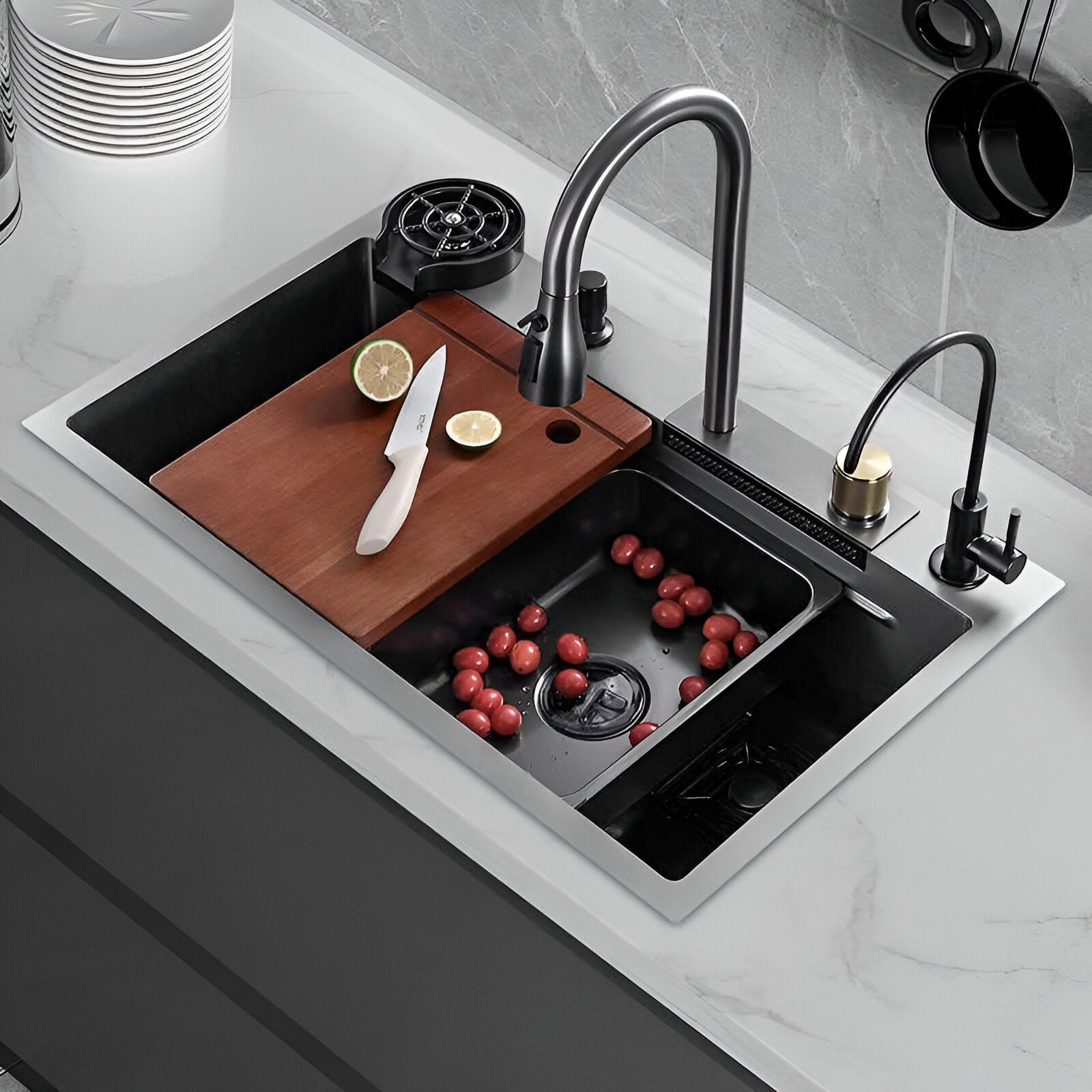 Black kitchen sink with faucets