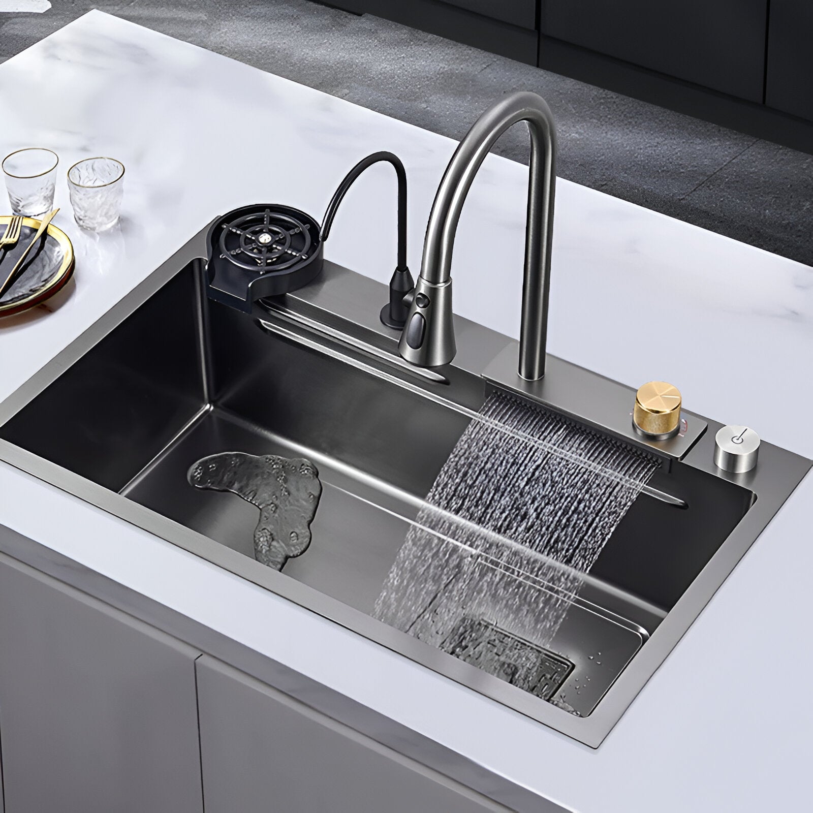 Black kitchen workstation sink