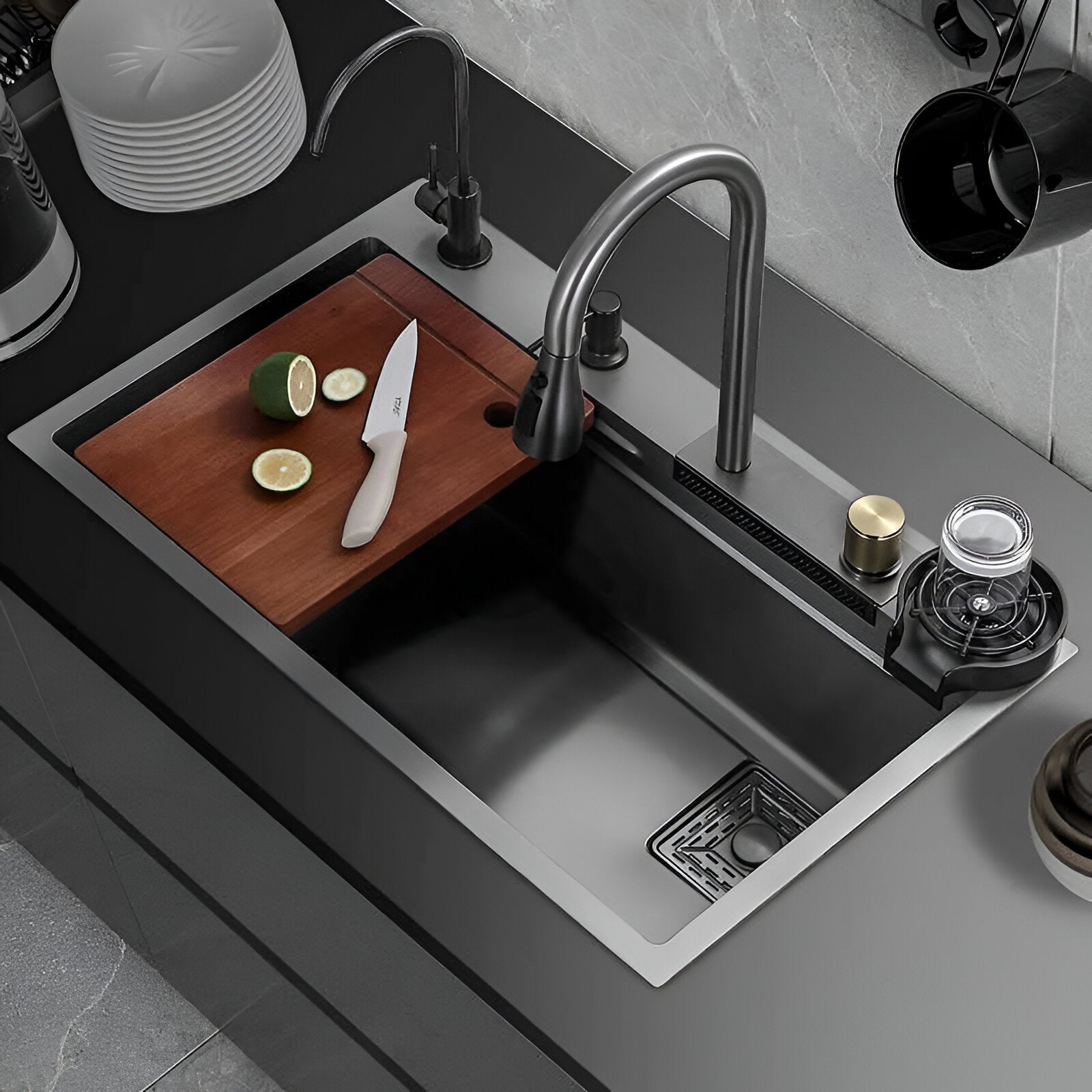 Black kitchen workstation sink with cutting board