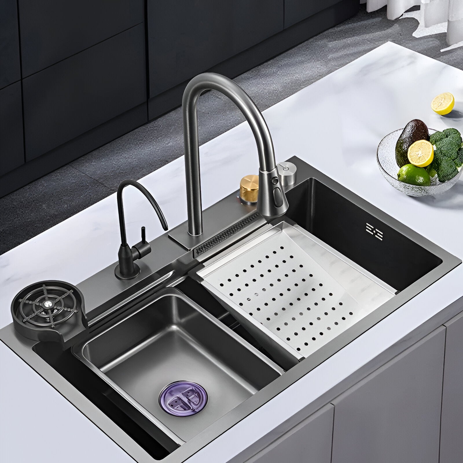 Black kitchen workstation sink with filter tap and glass rinser