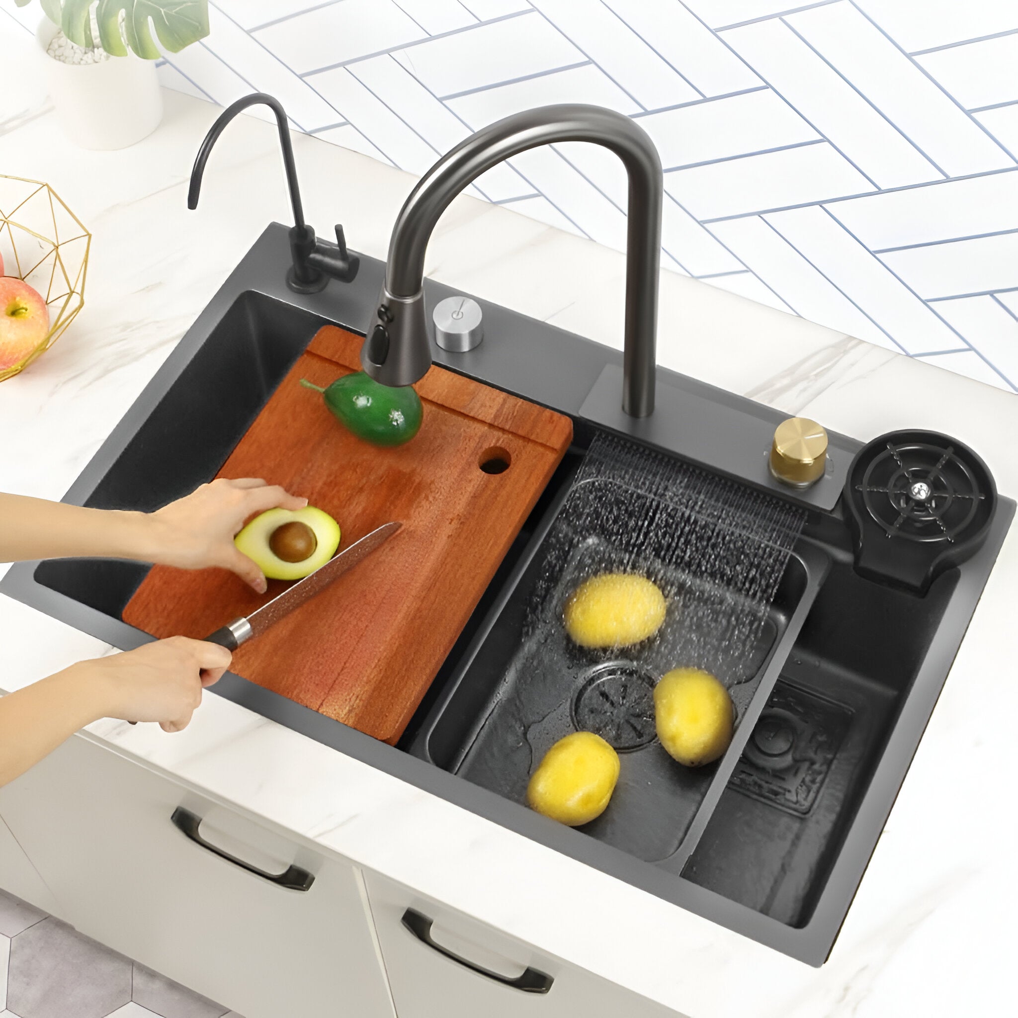 Black modern kitchen sink with a cutting board