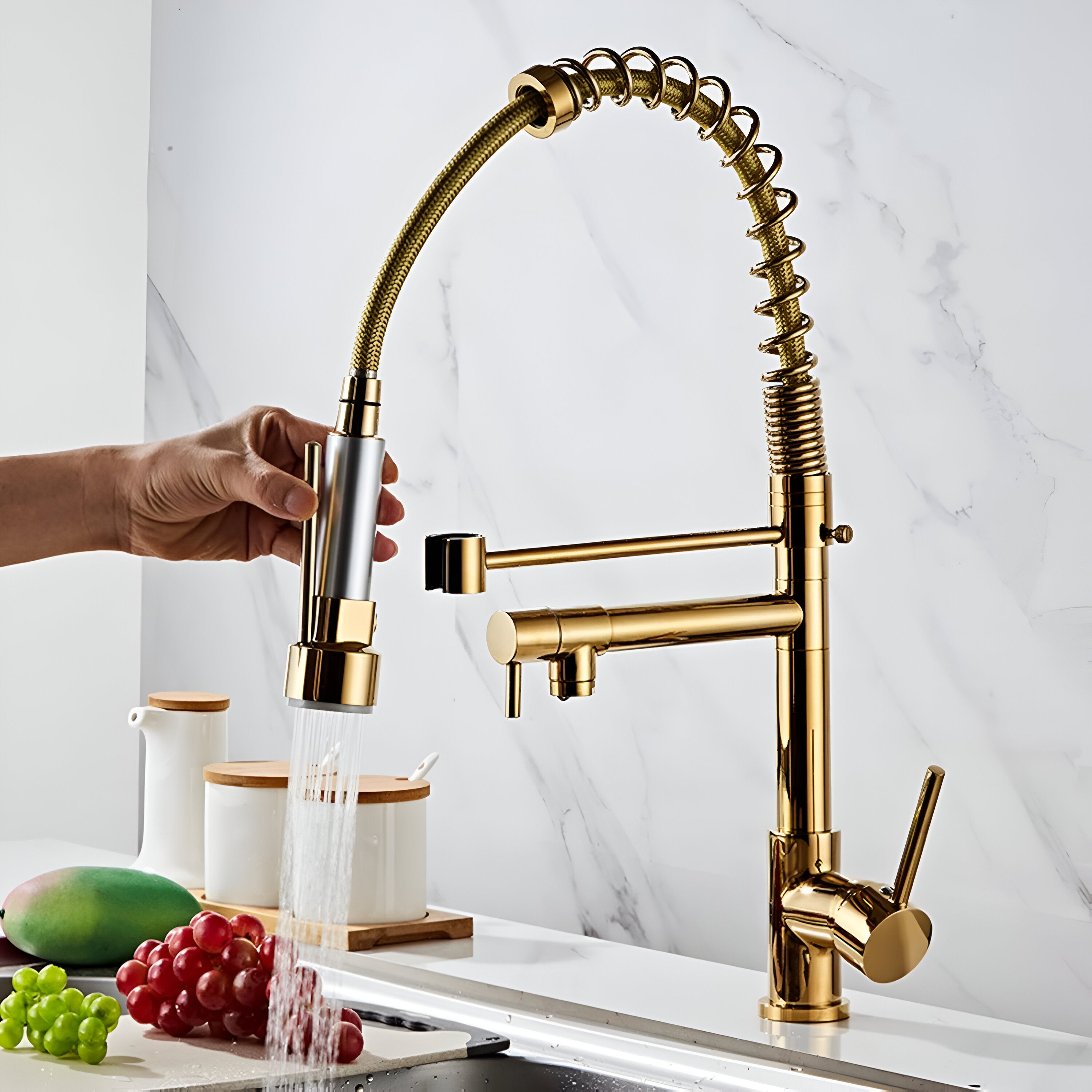 Pull-Down Kitchen Faucet in Gold Color