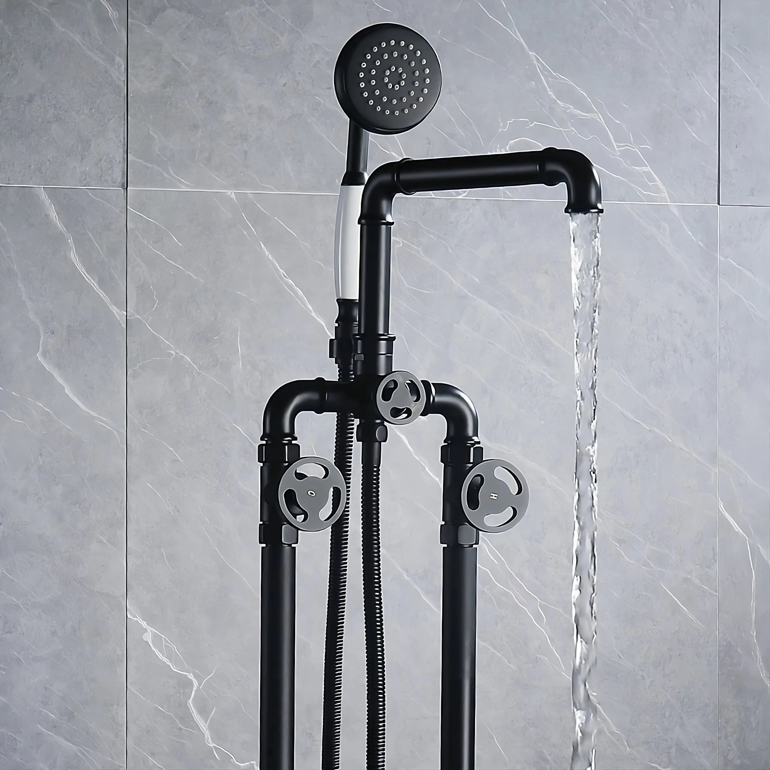 Black Floor-mounted industrial design tub filler with a faucet