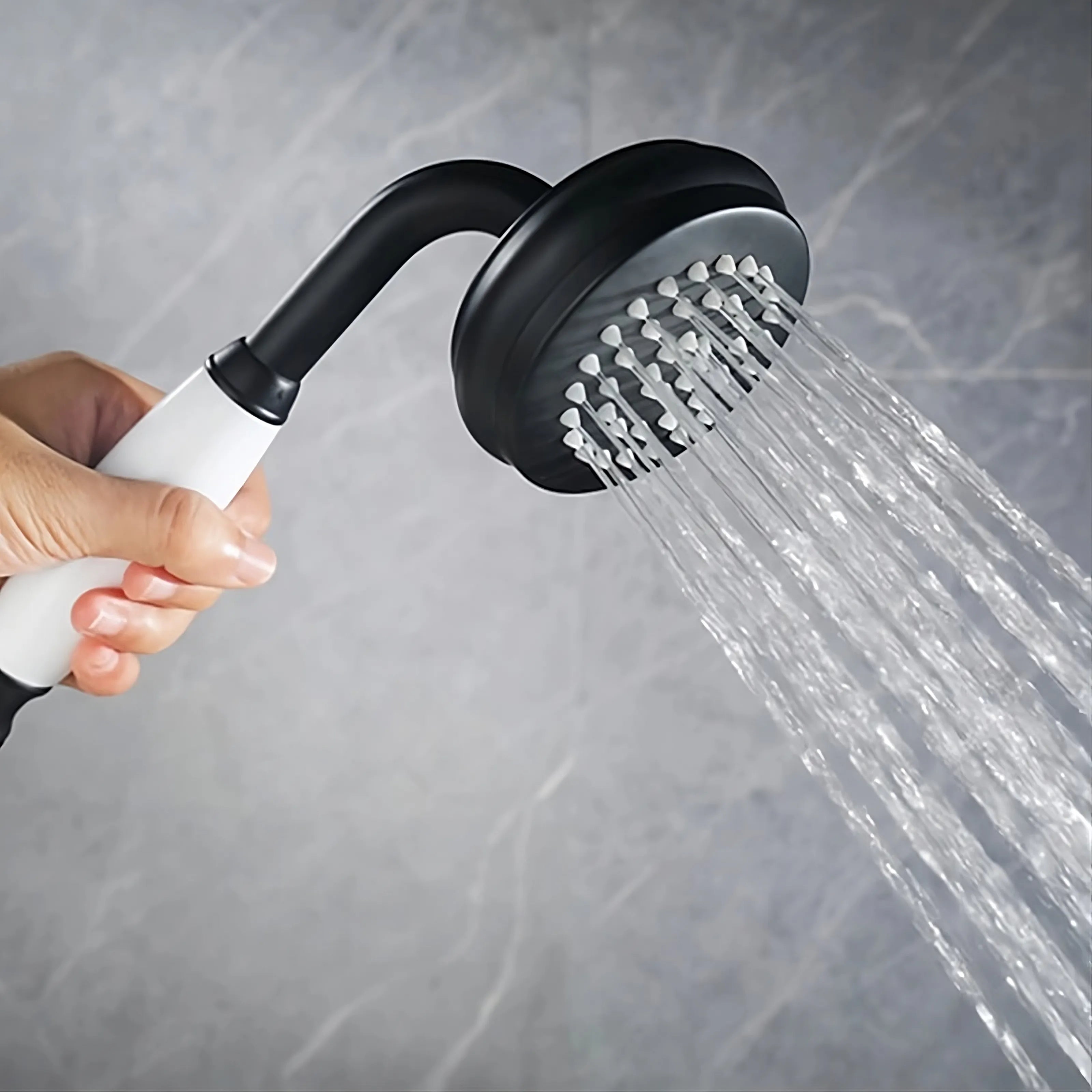 Black shower head with a white handle