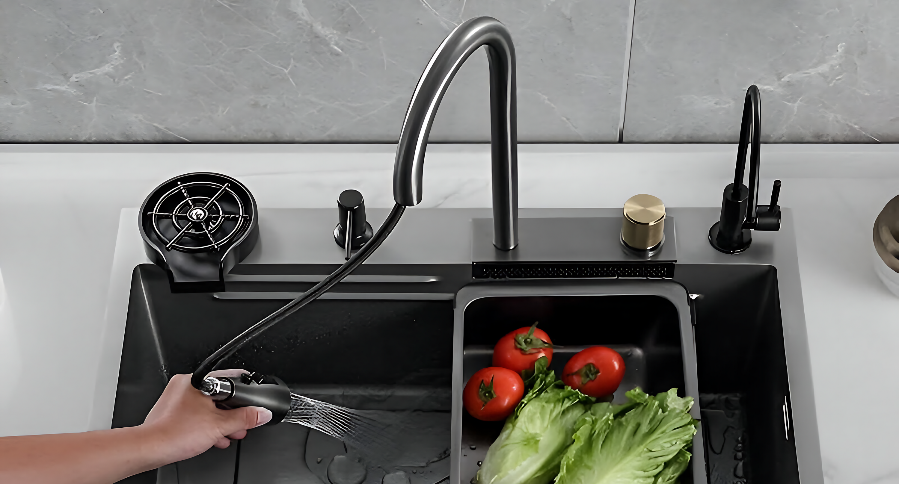 Workstation sink with filter tap, soap dispenser, and glass rinser