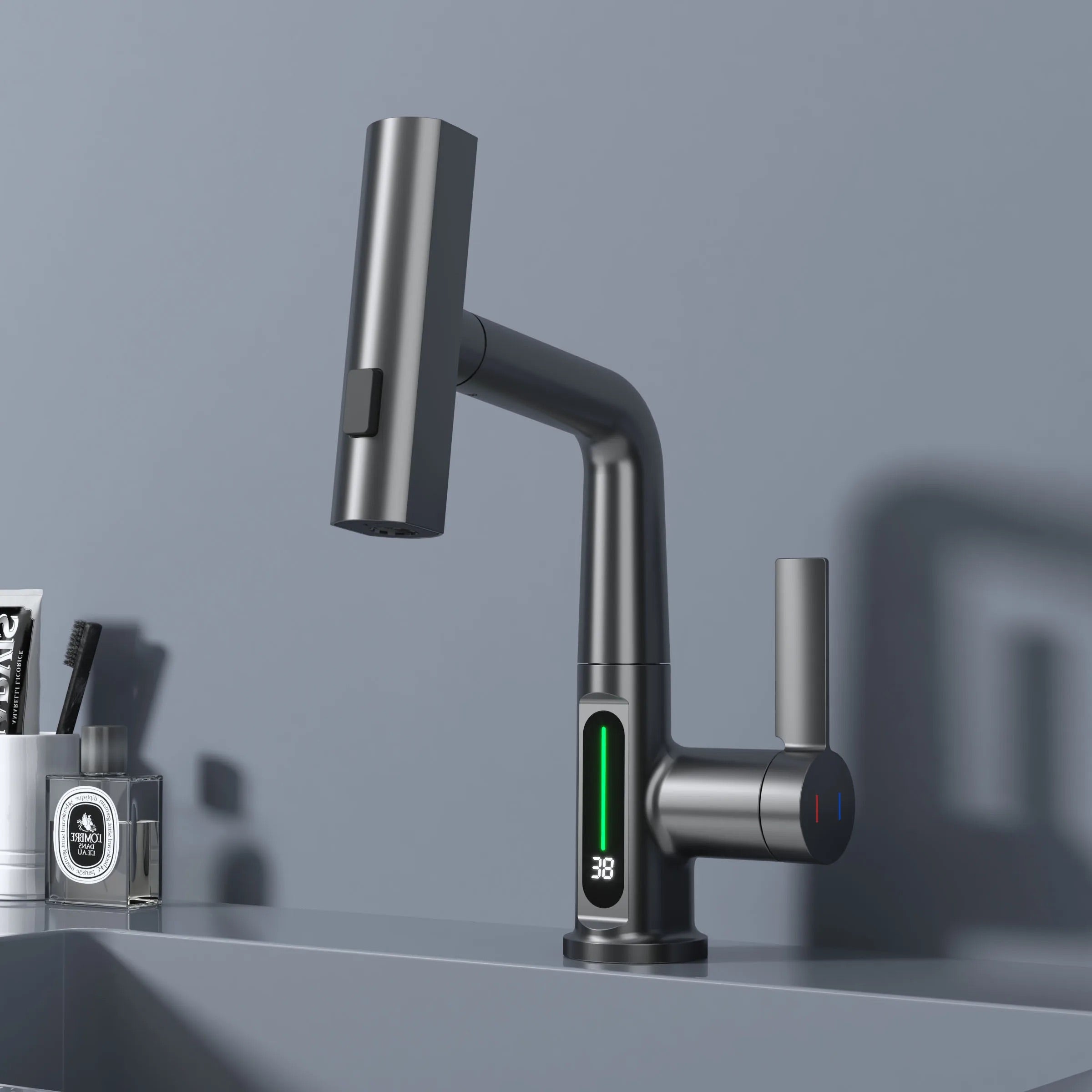 Gray modern kitchen faucet with 3 modes and temperature screen