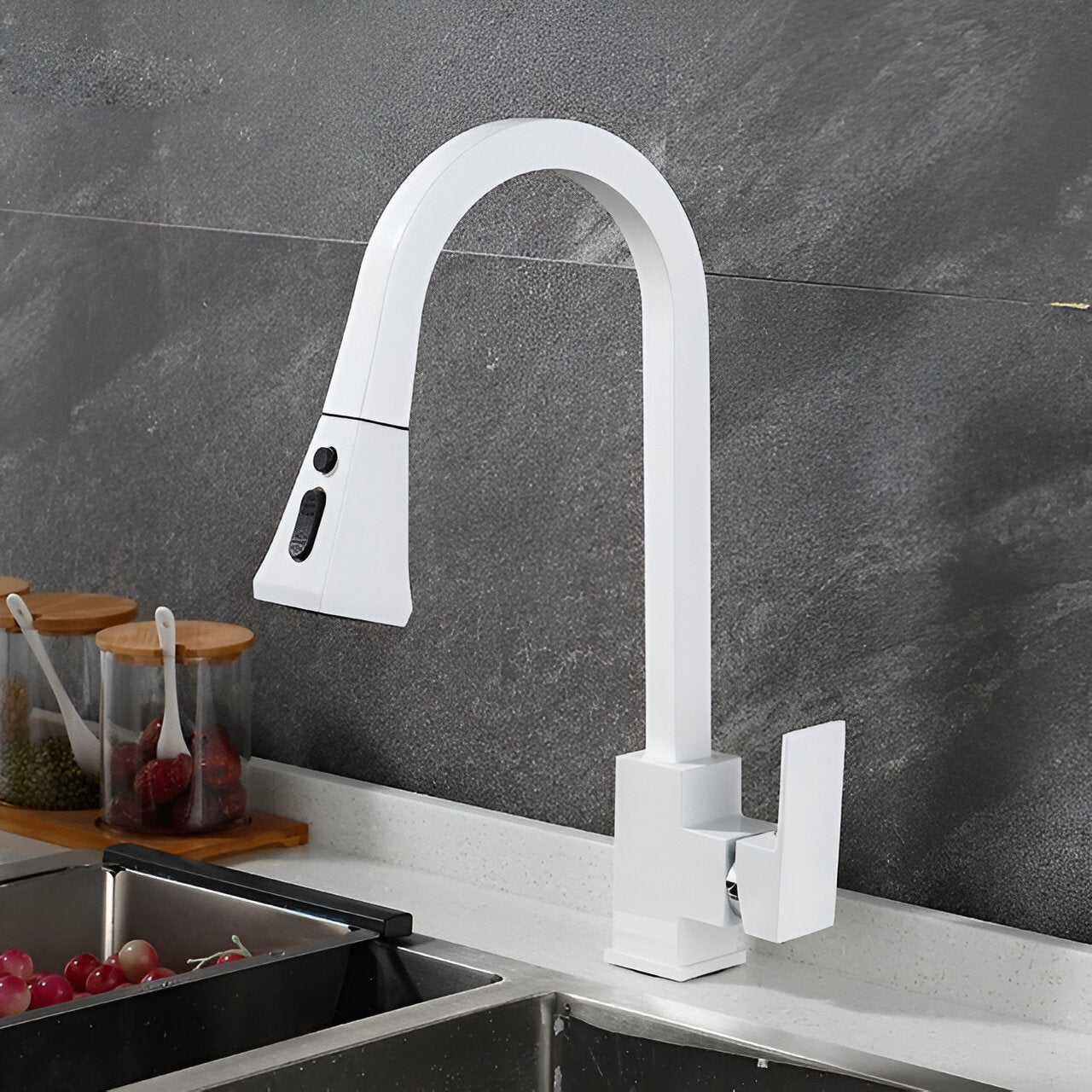 White modern kitchen faucet with two modes