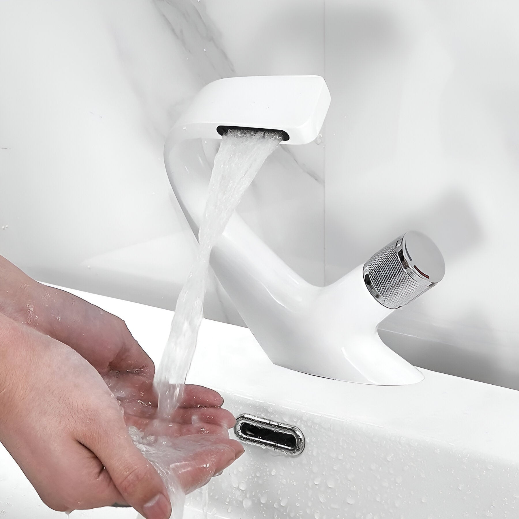 White elegant luxury bathroom faucet with a chrome lever