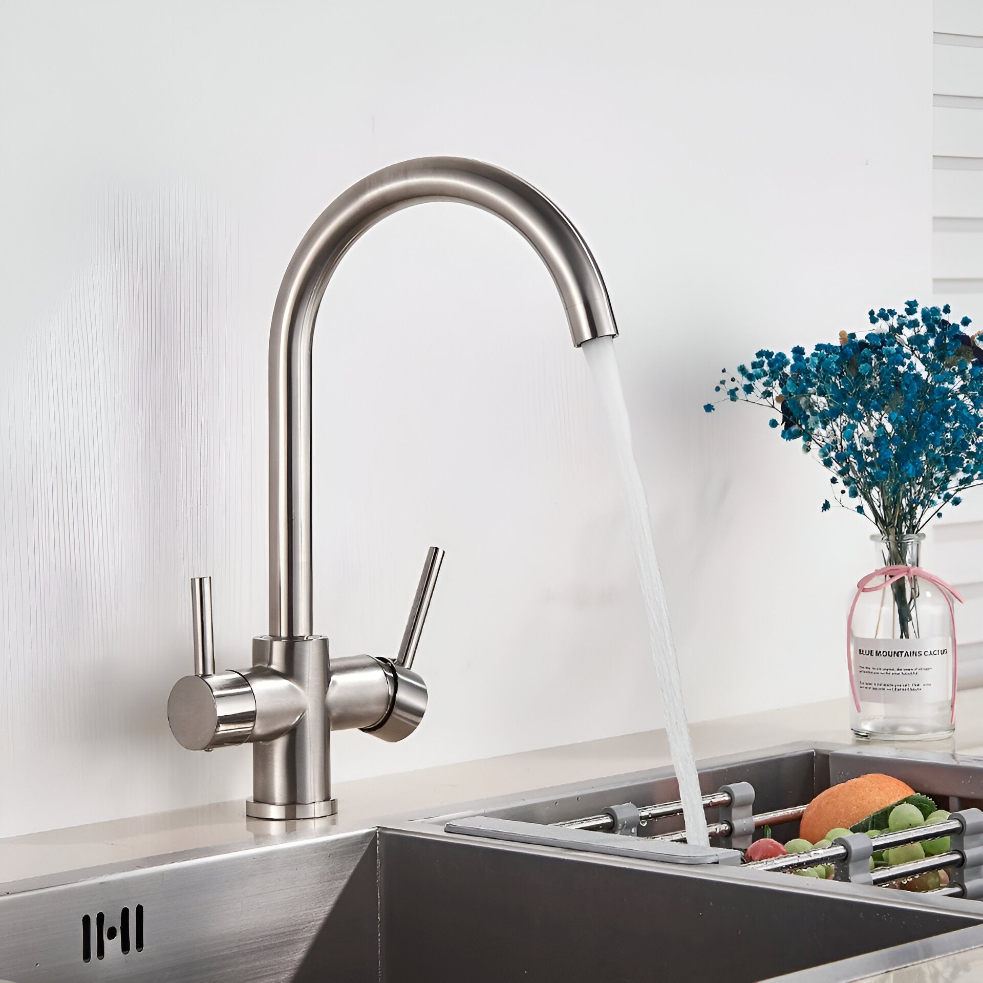 Brushed nickel color kitchen faucet with filtered water dispenser