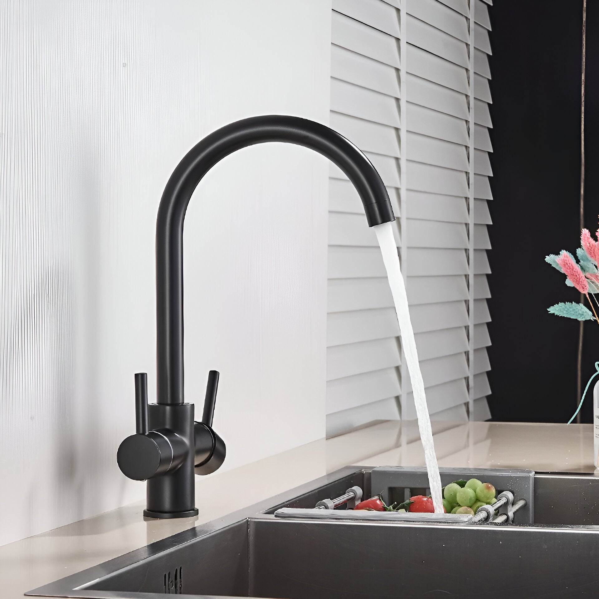 Black kitchen faucet with drinking water dispenser