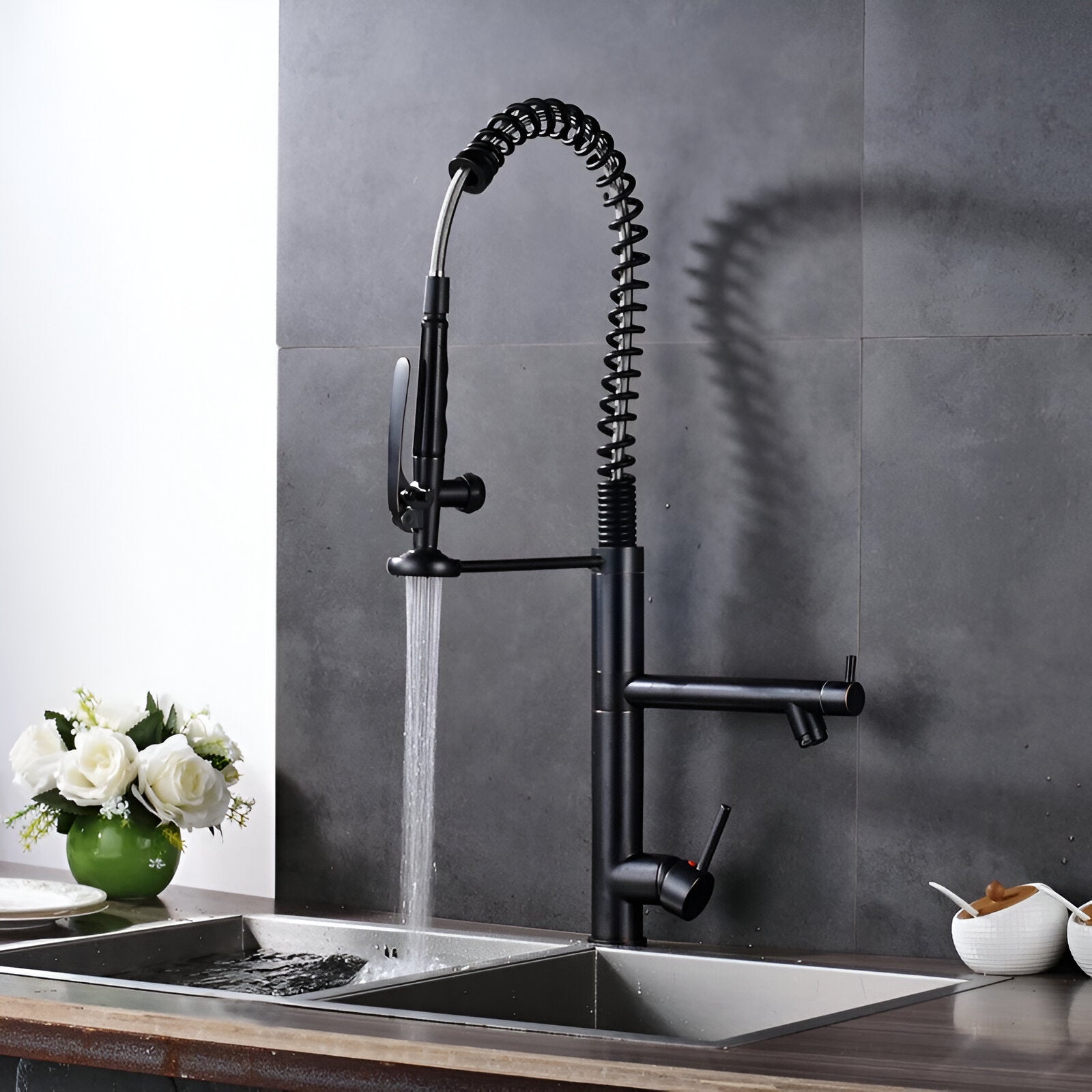 Black professional kitchen faucet with multiple modes and spring