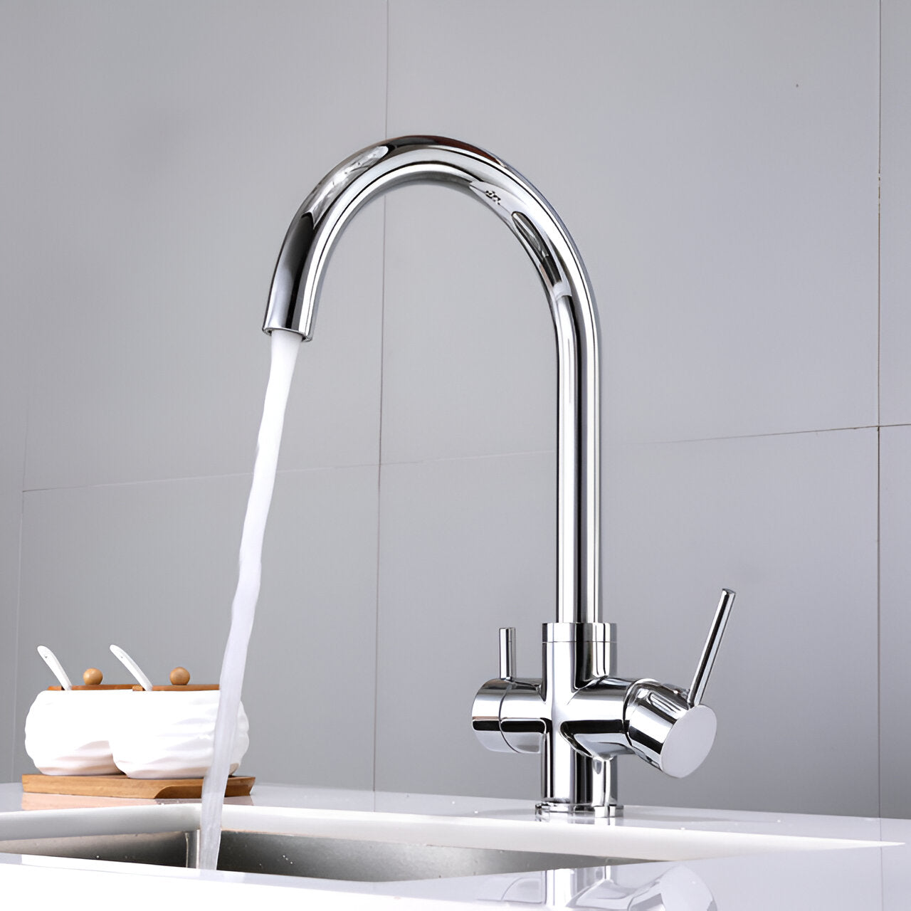 Chrome kitchen faucet with drinking water dispenser