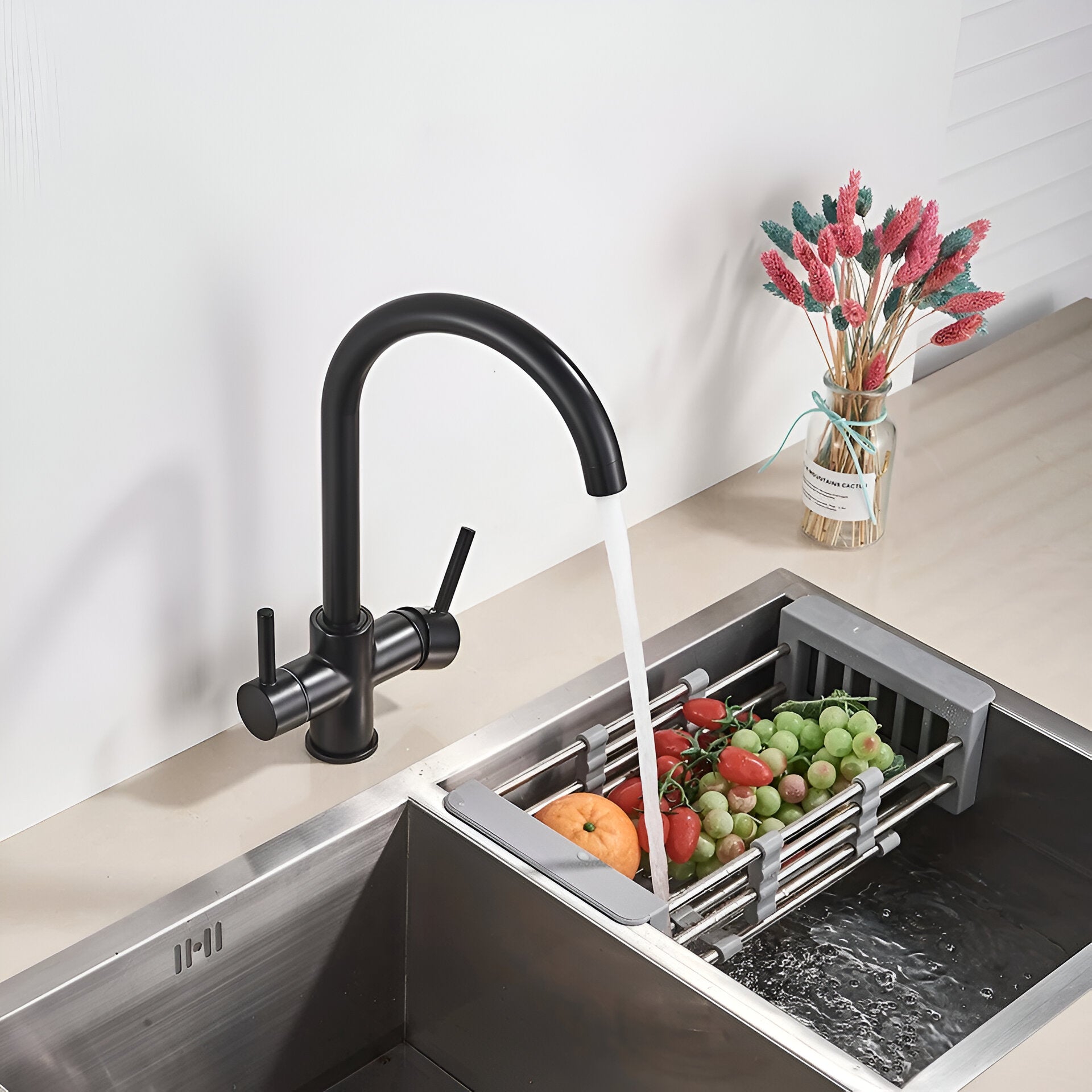 Black three way kitchen faucet filtered water