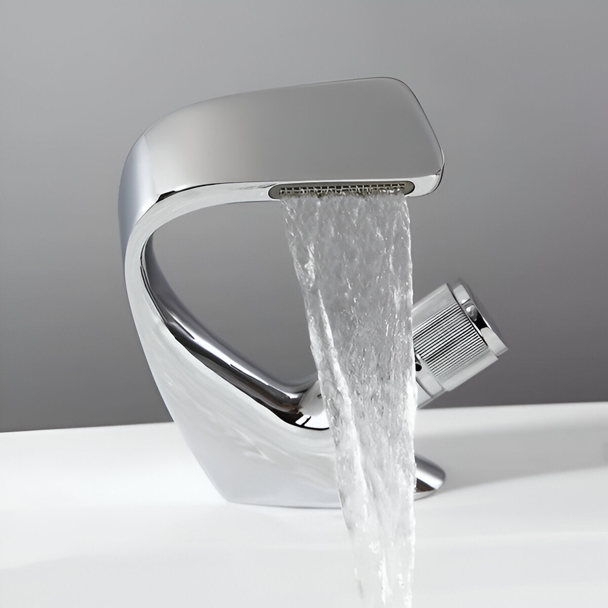 Chrome luxury bathroom faucet pours water