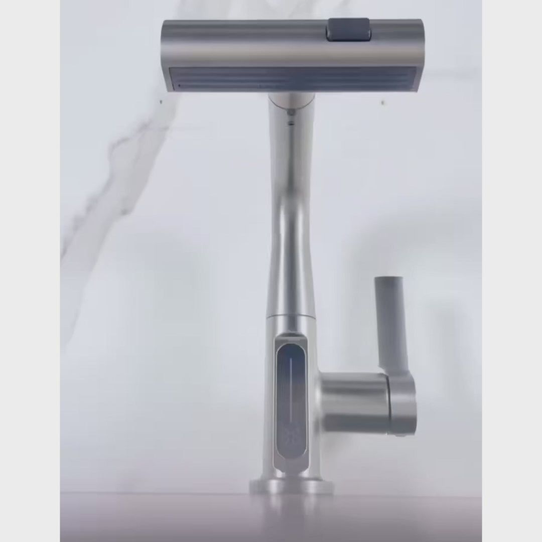 Modern kitchen faucet with multiple modes that shows temperature