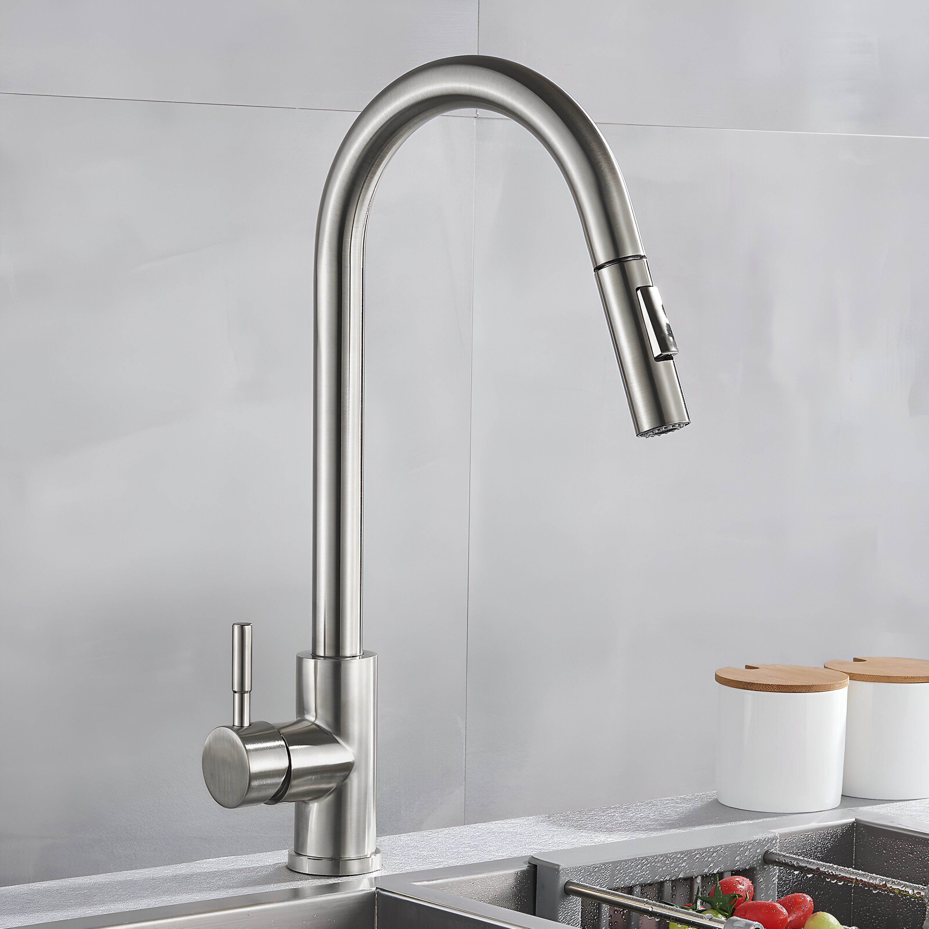 Brushed nickel kitchen faucet