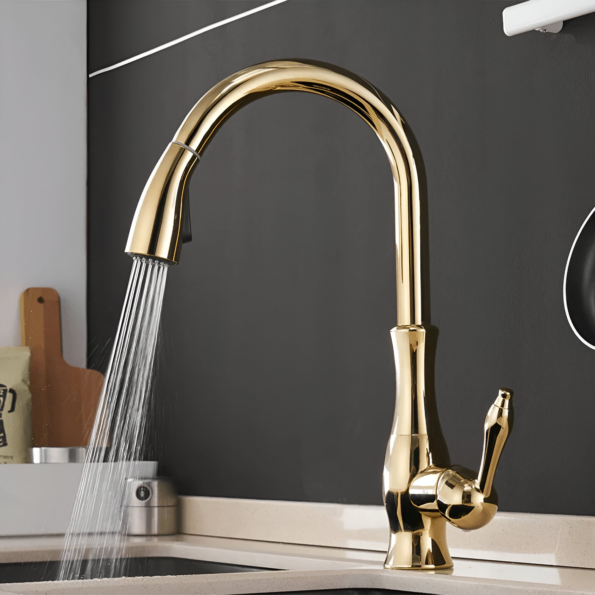 working golden color kitchen faucet